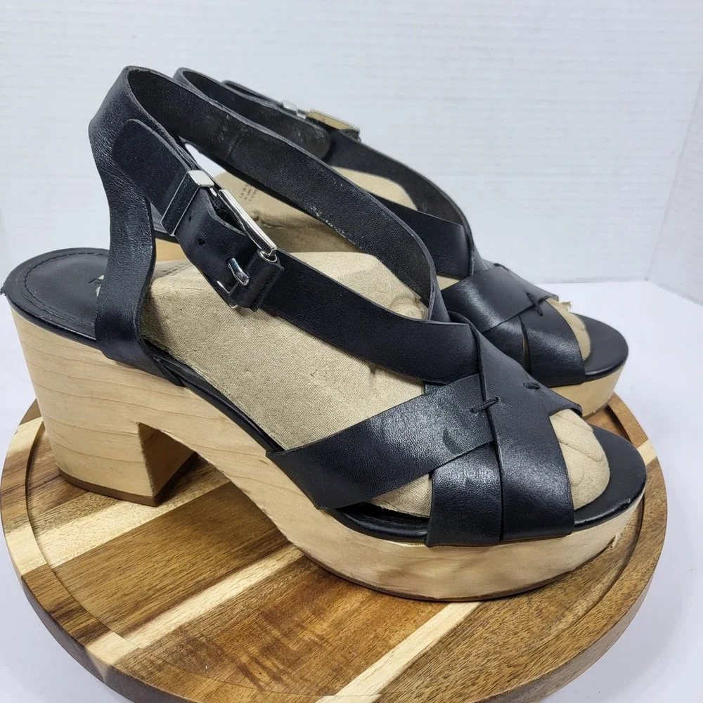 Rebecca Minkoff Black Leather Wood Platform‎ Block Heel Sandals Womens 9M